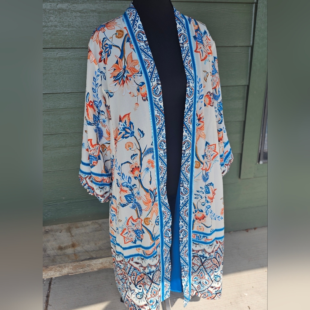 Chico's Vibrant Floral Kimono Robe - Blue and Orange